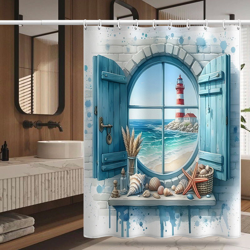 Lighthouse Coastal View Shower Curtain – Mediterranean Window Design, Waterproof & Mildew Resistant Polyester, 180×180cm