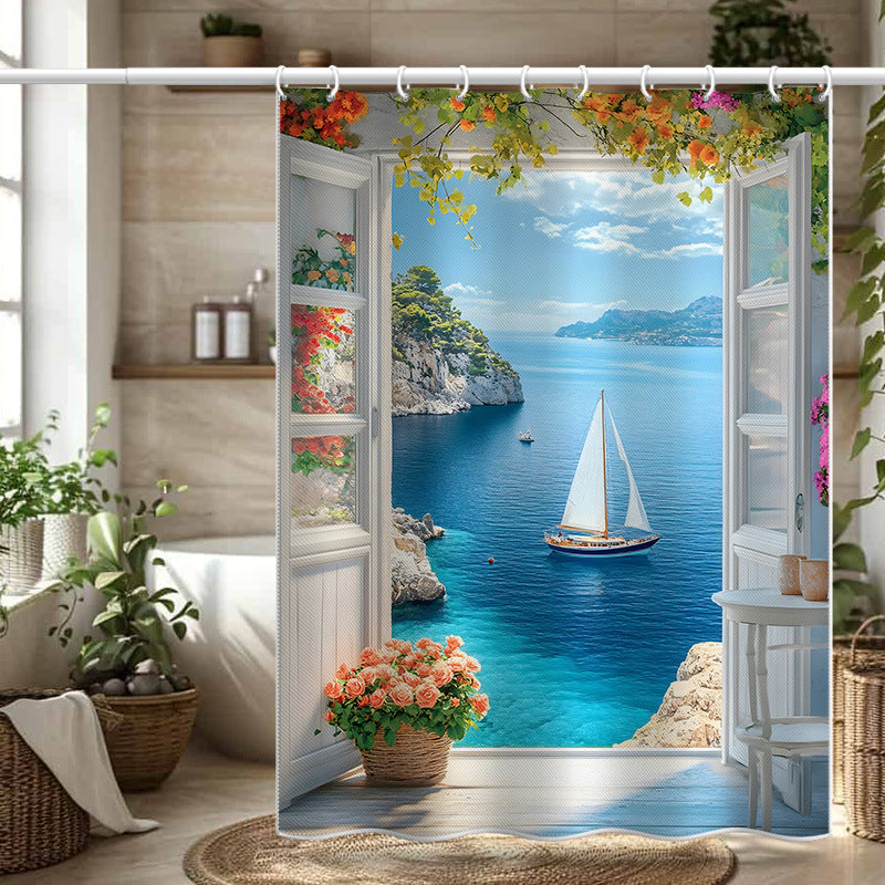 Mediterranean Sailboat Sea View Shower Curtain – Window & Floral Design, Waterproof & Mildew Resistant Polyester, 180×180cm Bathroom Decor