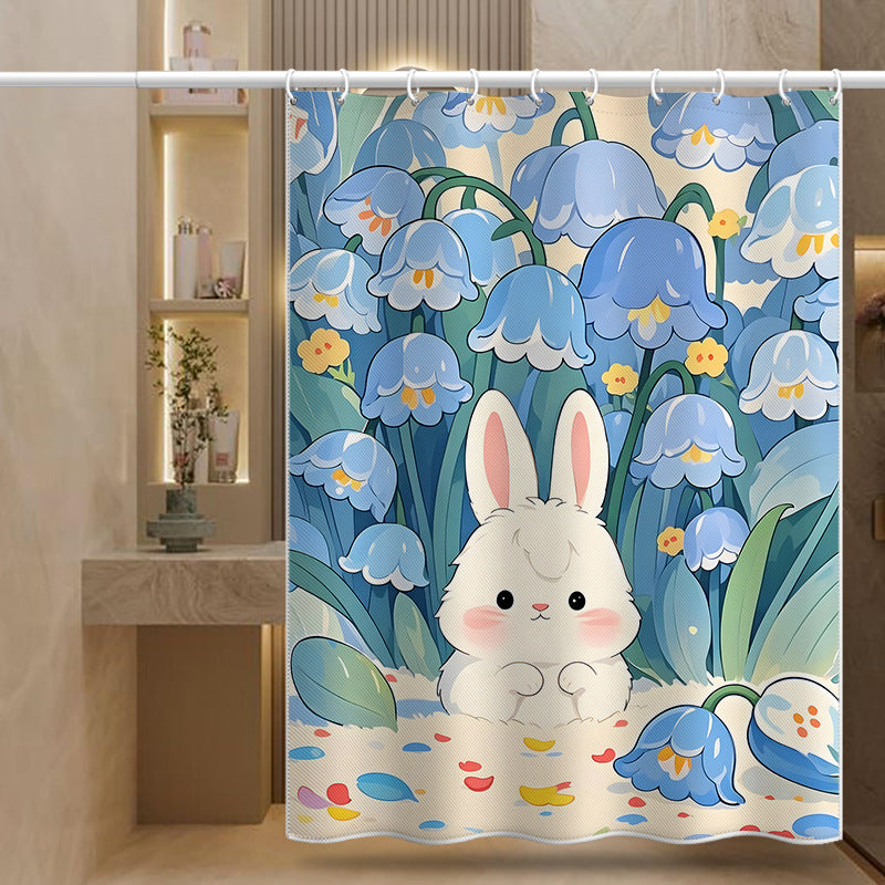 Cute Bunny & Blue Flower Shower Curtain – Waterproof & Mildew Resistant Polyester, Cartoon Bathroom Divider 180×180cm