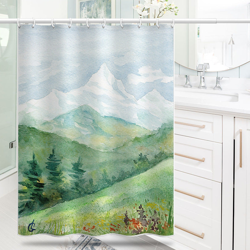 Watercolor Mountain Shower Curtain – Nature Style, Waterproof & Mildew Resistant Polyester Bathroom Divider 180×180cm
