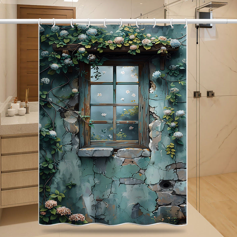 Vintage Window Shower Curtain – Rustic Garden Vine Design, Waterproof & Mildew Resistant Polyester Fabric, 180×180cm Bathroom Divider