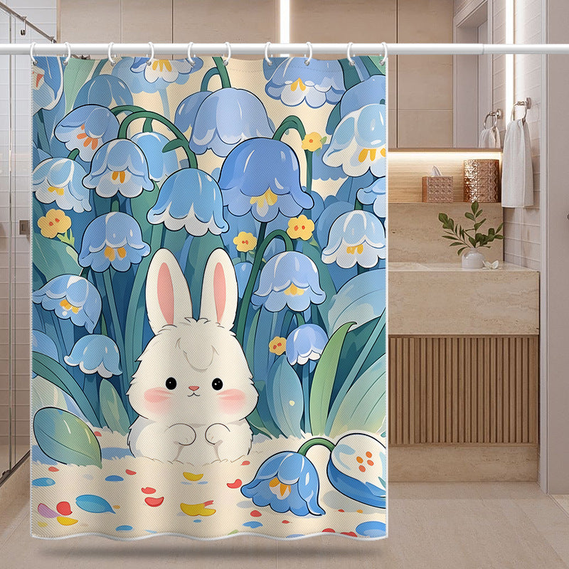 Cute Bunny & Blue Flower Shower Curtain – Waterproof & Mildew Resistant Polyester, Cartoon Bathroom Divider 180×180cm