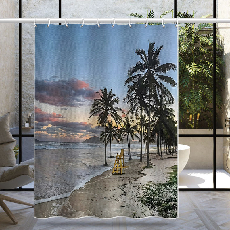 Tropical Beach Sunset Shower Curtain – Palm Tree Coastal Design, Waterproof & Mildew Resistant Polyester, 180×180cm
