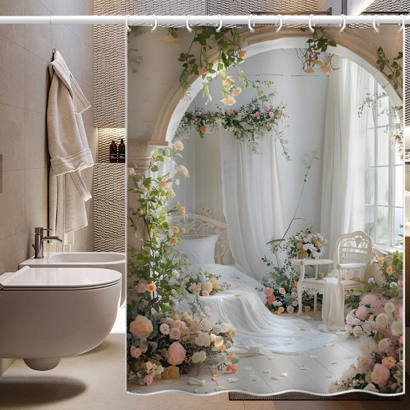 Romantic Garden Dream Shower Curtain – European Arch & Floral Print, Waterproof & Mildew Resistant Polyester, 180×180cm