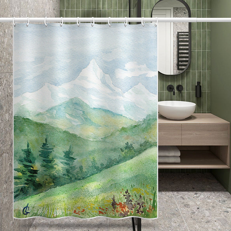 Watercolor Mountain Shower Curtain – Nature Style, Waterproof & Mildew Resistant Polyester Bathroom Divider 180×180cm
