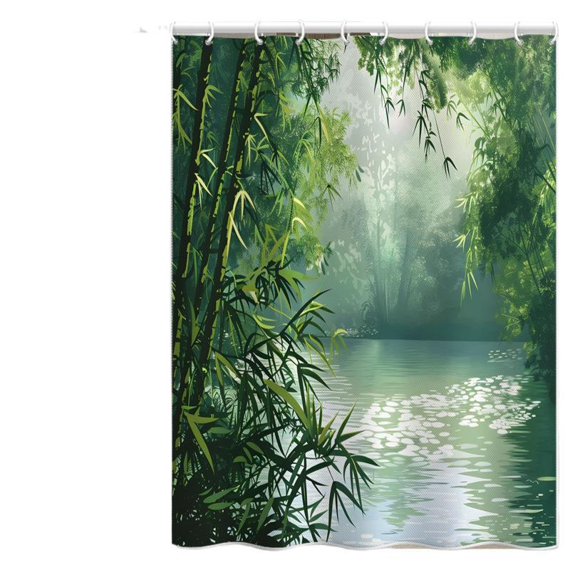 Bamboo Forest Lake View Shower Curtain – Waterproof & Mildew Resistant Polyester Fabric, 180×180cm Bathroom Decorative Curtain