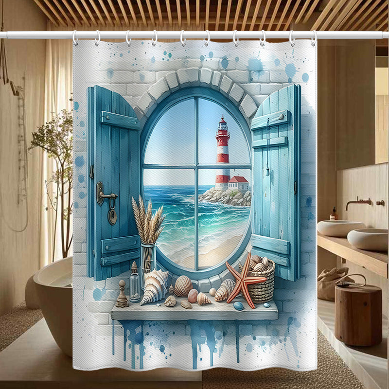 Lighthouse Coastal View Shower Curtain – Mediterranean Window Design, Waterproof & Mildew Resistant Polyester, 180×180cm