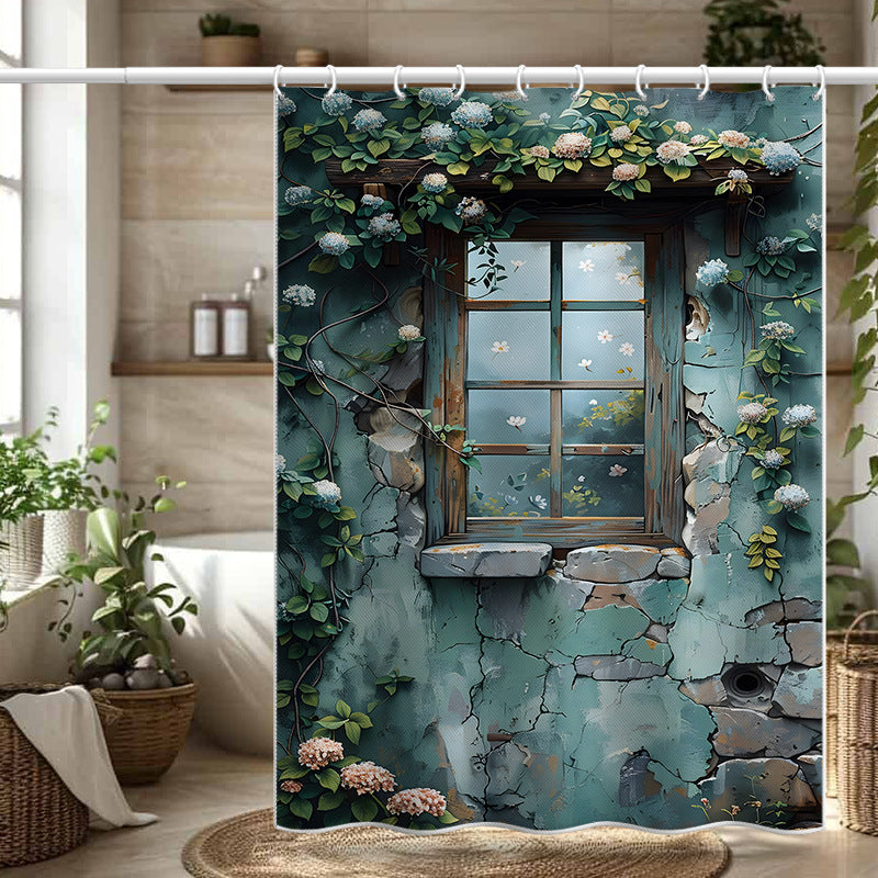 Vintage Window Shower Curtain – Rustic Garden Vine Design, Waterproof & Mildew Resistant Polyester Fabric, 180×180cm Bathroom Divider