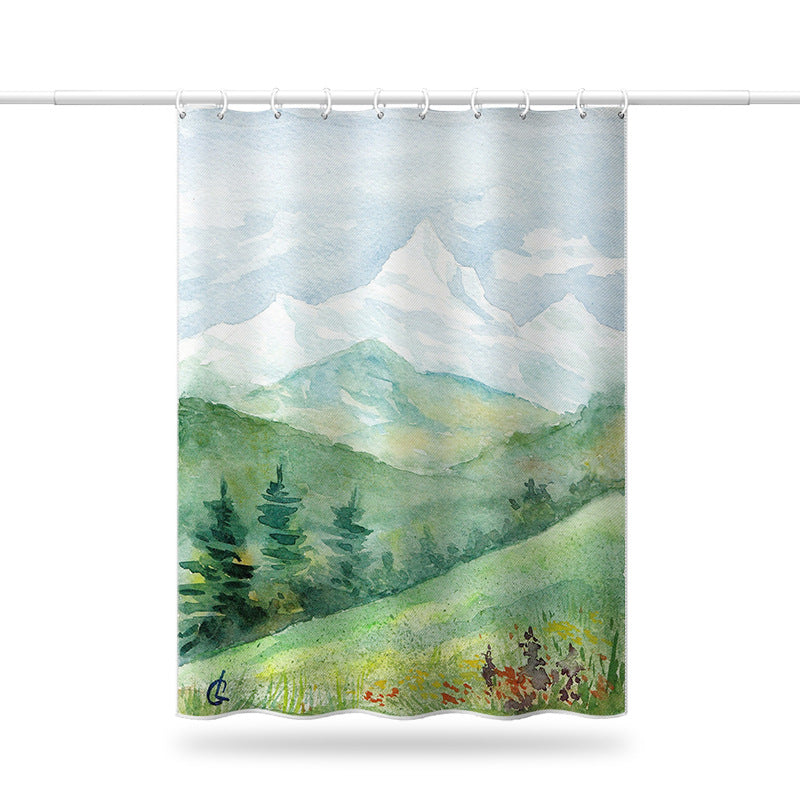 Watercolor Mountain Shower Curtain – Nature Style, Waterproof & Mildew Resistant Polyester Bathroom Divider 180×180cm