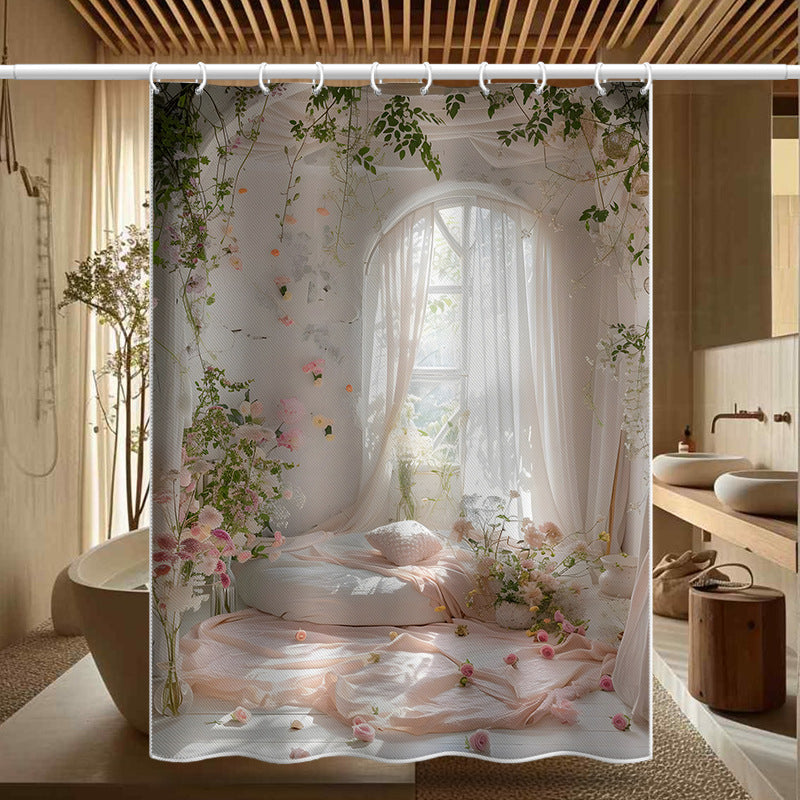 Romantic Garden Window View Shower Curtain – Waterproof & Mildew Resistant Polyester Bathroom Decor 180×180cm