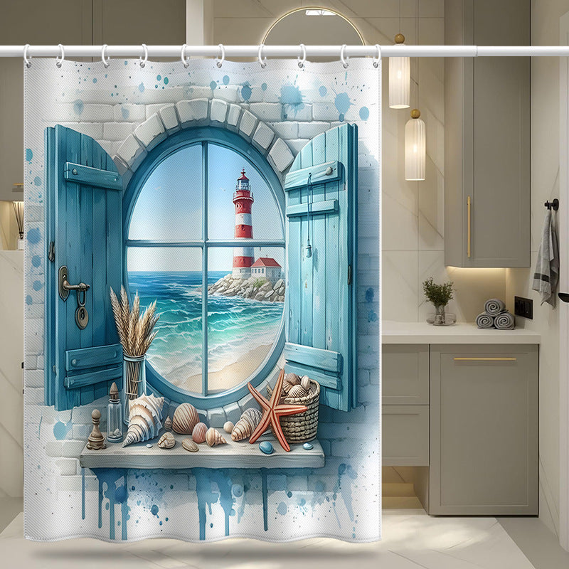 Lighthouse Coastal View Shower Curtain – Mediterranean Window Design, Waterproof & Mildew Resistant Polyester, 180×180cm