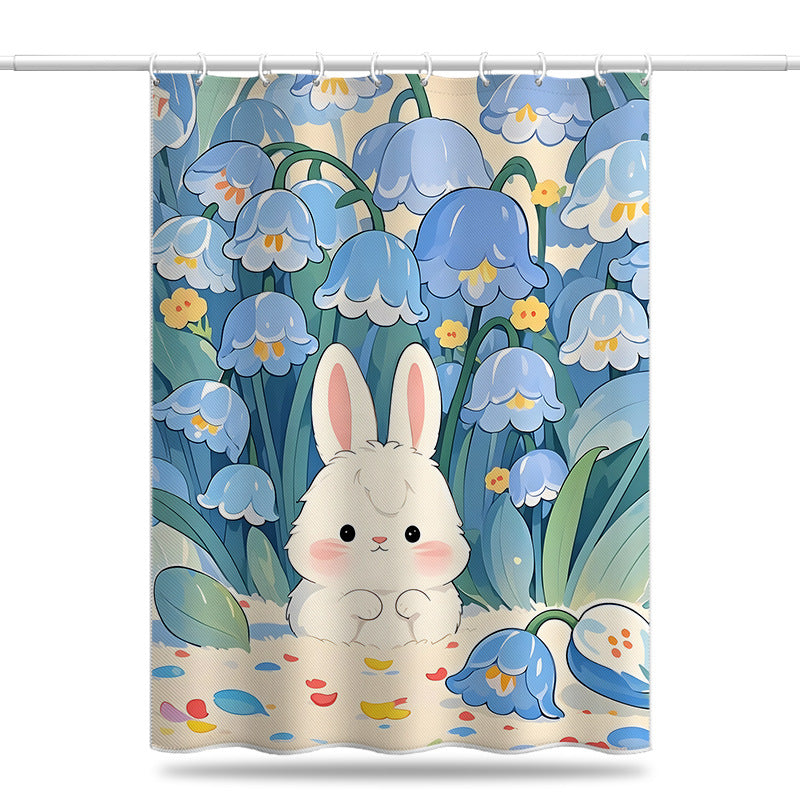 Cute Bunny & Blue Flower Shower Curtain – Waterproof & Mildew Resistant Polyester, Cartoon Bathroom Divider 180×180cm