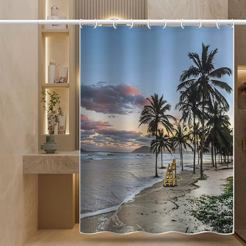Tropical Beach Sunset Shower Curtain – Palm Tree Coastal Design, Waterproof & Mildew Resistant Polyester, 180×180cm