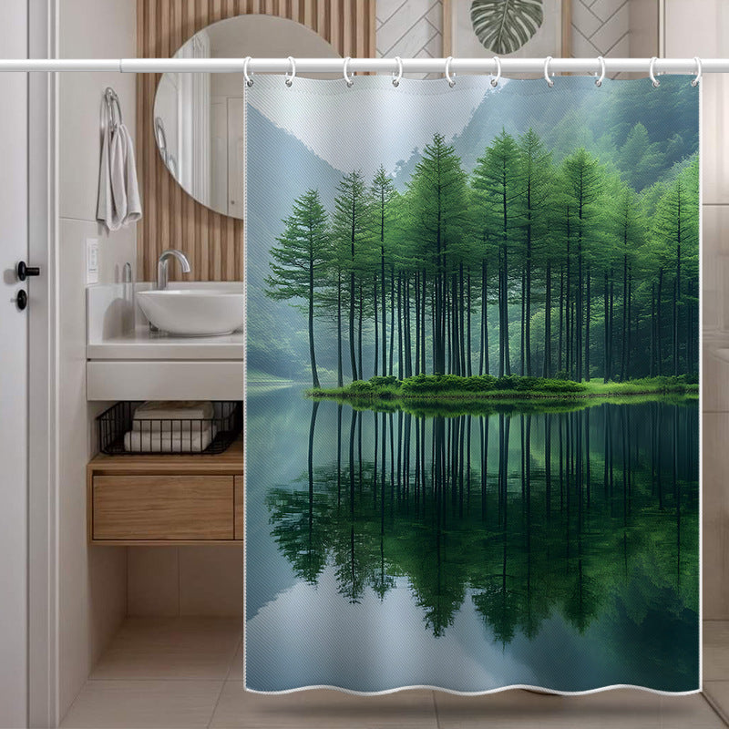 Forest Lake Shower Curtain – Tranquil Green Woods and Reflection Print, Waterproof & Mildew Resistant Polyester, 180×180cm