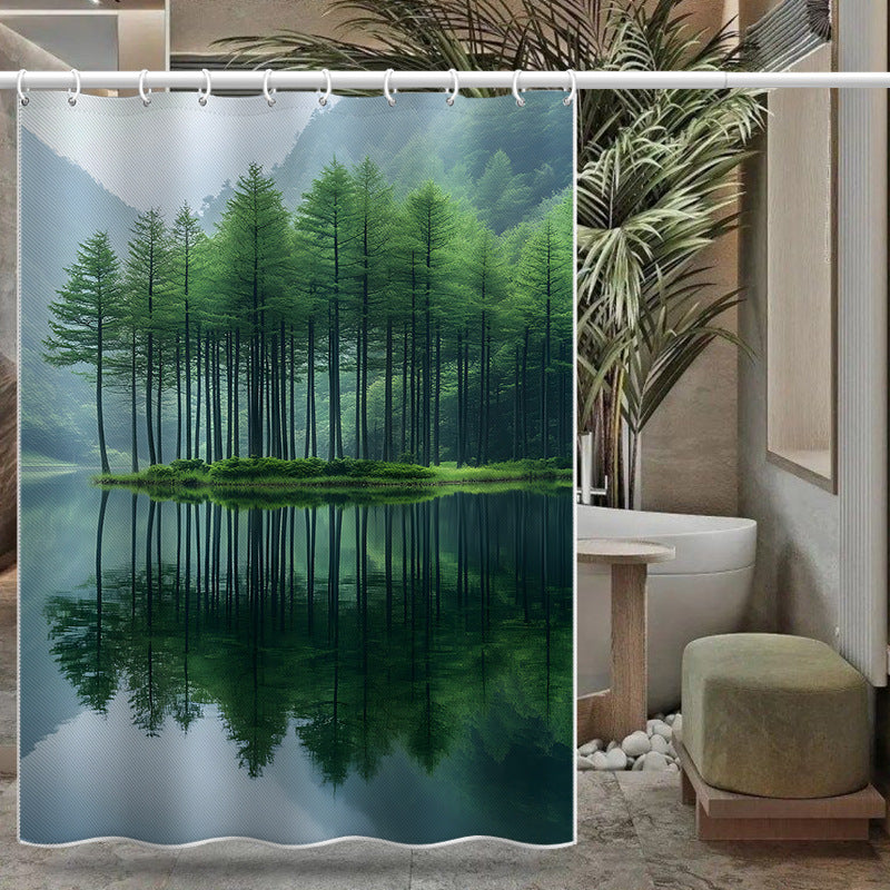 Forest Lake Shower Curtain – Tranquil Green Woods and Reflection Print, Waterproof & Mildew Resistant Polyester, 180×180cm
