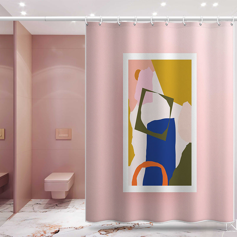 Modern Abstract Art Shower Curtain – Pink Base with Colorful Geometric Print, Waterproof & Mildew Resistant Polyester 180×180cm