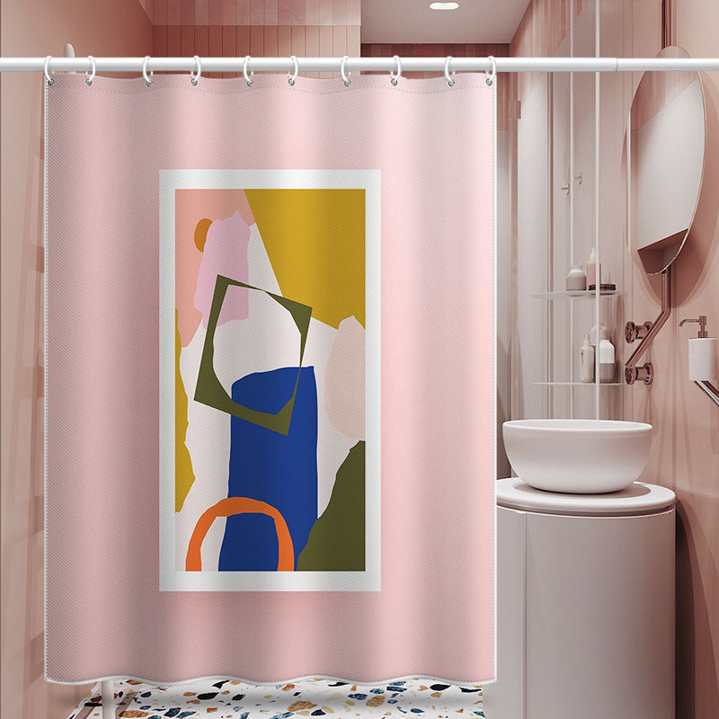 Modern Abstract Art Shower Curtain – Pink Base with Colorful Geometric Print, Waterproof & Mildew Resistant Polyester 180×180cm