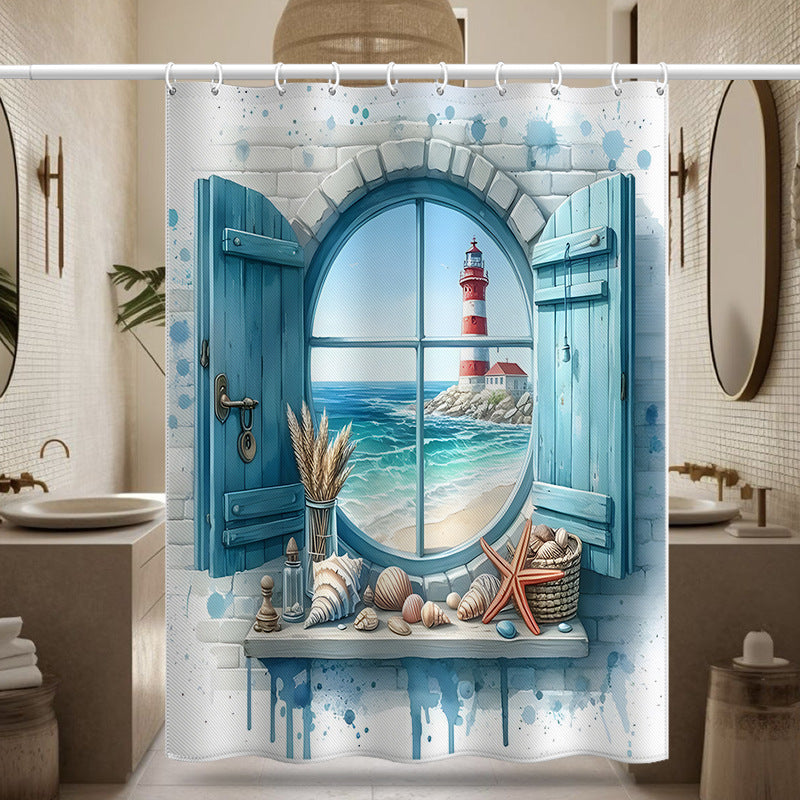 Lighthouse Coastal View Shower Curtain – Mediterranean Window Design, Waterproof & Mildew Resistant Polyester, 180×180cm