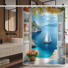 Mediterranean Sailboat Sea View Shower Curtain – Window & Floral Design, Waterproof & Mildew Resistant Polyester, 180×180cm Bathroom Decor
