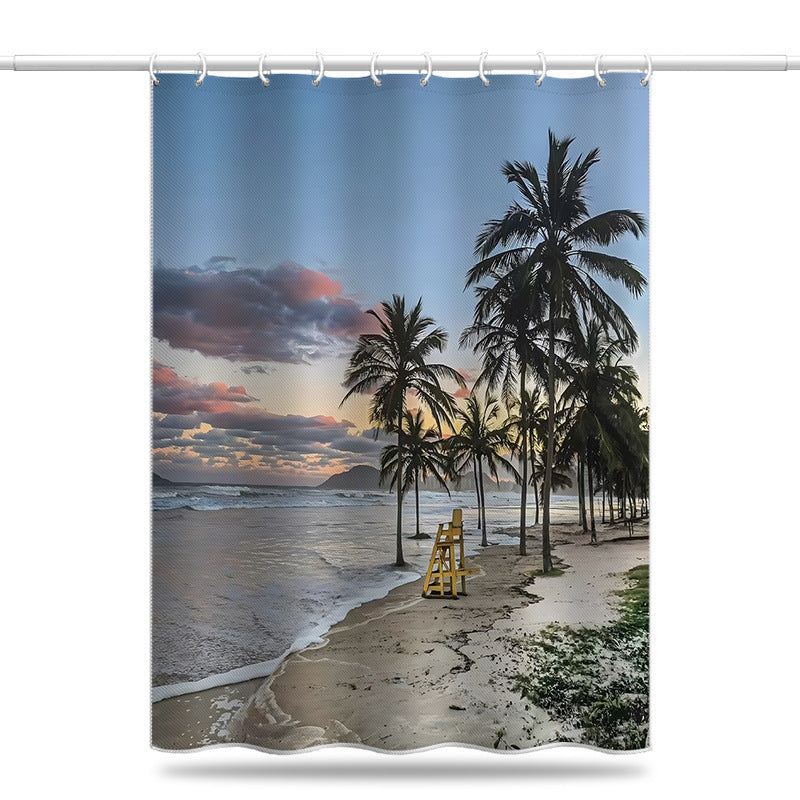 Tropical Beach Sunset Shower Curtain – Palm Tree Coastal Design, Waterproof & Mildew Resistant Polyester, 180×180cm