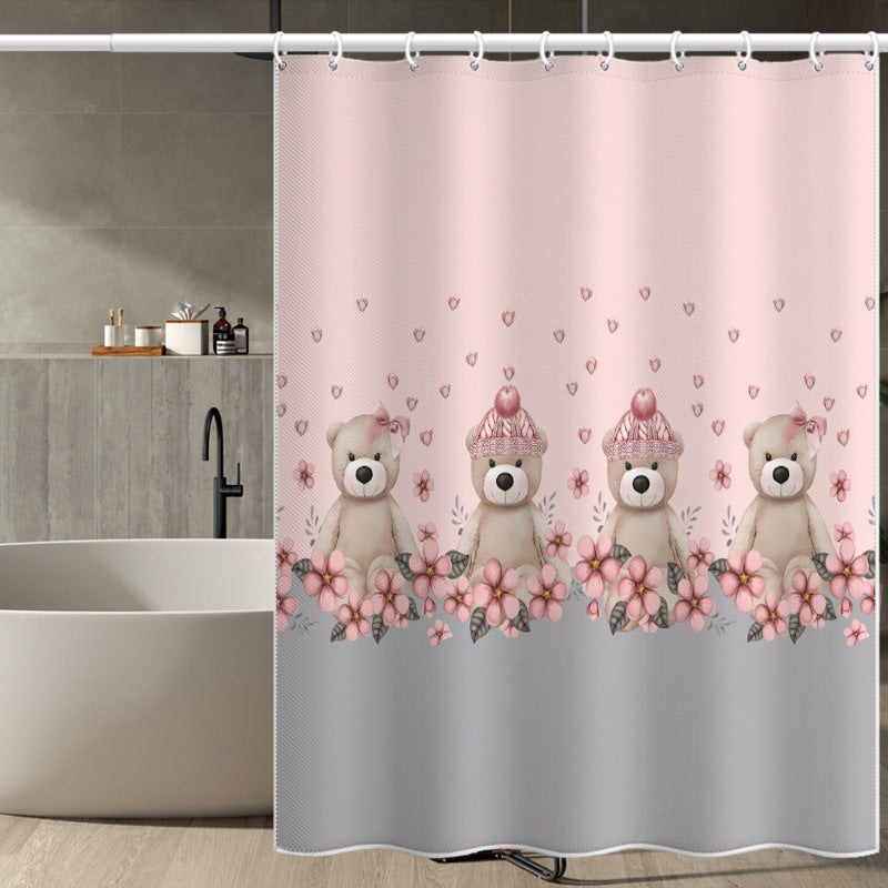 Cartoon Bear Shower Curtain – Pink Floral Design, Waterproof & Mildew Resistant Polyester Bathroom Divider 180×180cm