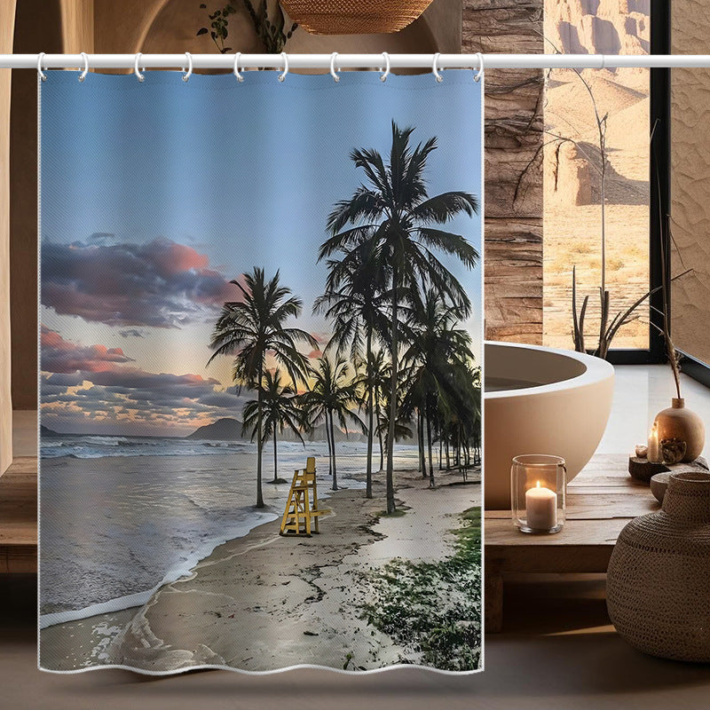 Tropical Beach Sunset Shower Curtain – Palm Tree Coastal Design, Waterproof & Mildew Resistant Polyester, 180×180cm