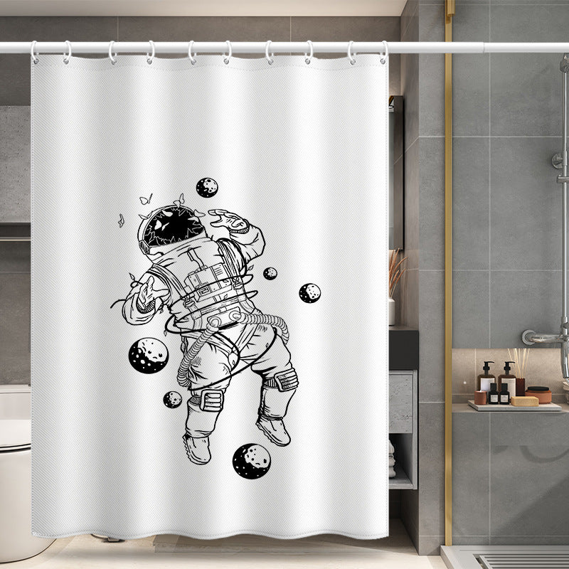 Astronaut Illustration Shower Curtain – Waterproof & Mildew Resistant Polyester, Space Art Bathroom Curtain 180×180cm