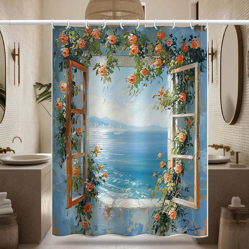 Mediterranean Sea View Shower Curtain – Window & Floral Design, Waterproof & Mildew Resistant Polyester, 180×180cm Bathroom Decor
