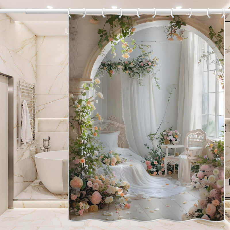 Romantic Garden Dream Shower Curtain – European Arch & Floral Print, Waterproof & Mildew Resistant Polyester, 180×180cm